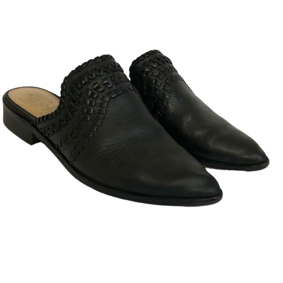 Vince Camuto Sona Western Pointy Toe Black Leather Mules Braid Trim Size 6 - Picture 2 of 5